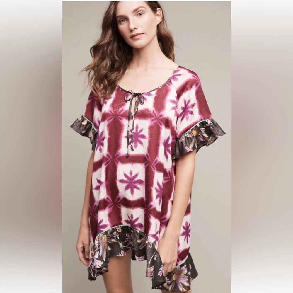 Anthropologie Pink and White Tie-Dye Mini Dress with Floral Ruffle